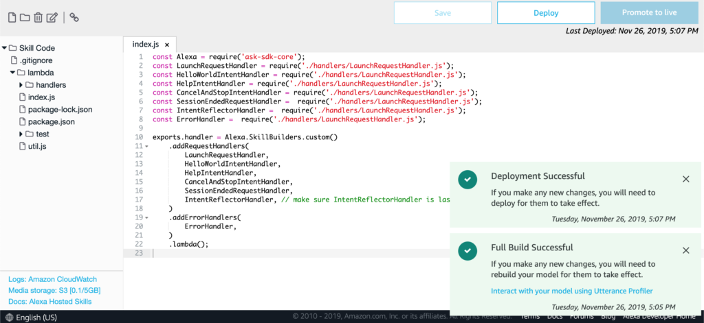 successful deployment of updated code to Alexa Developer Console