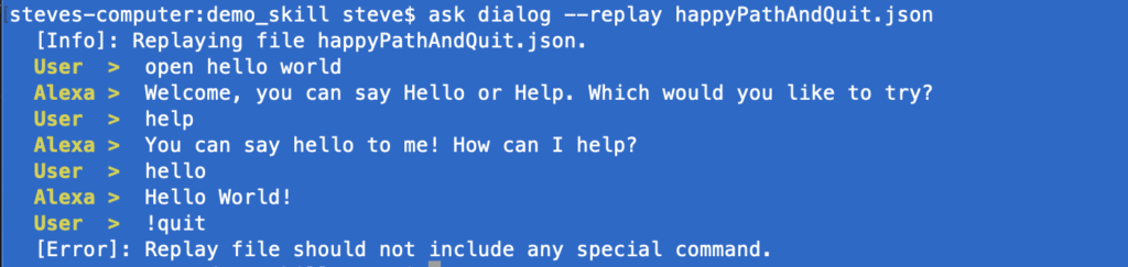 Alexa ASK CLI dialog special command and replay file