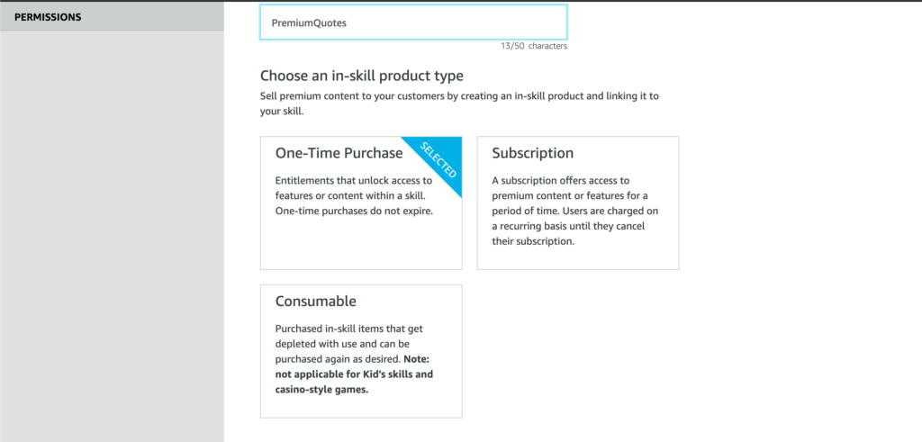 Select One-Time Purchase option for In-Skill Product