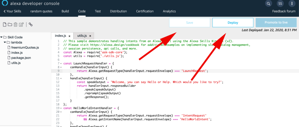 Saving and deploying code in Alexa Developer Console